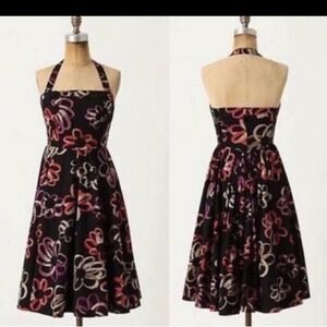 Anthro Girls from Savoy Dress Womens Sz 8 Floral Halter Fit Flare Pockets Retro